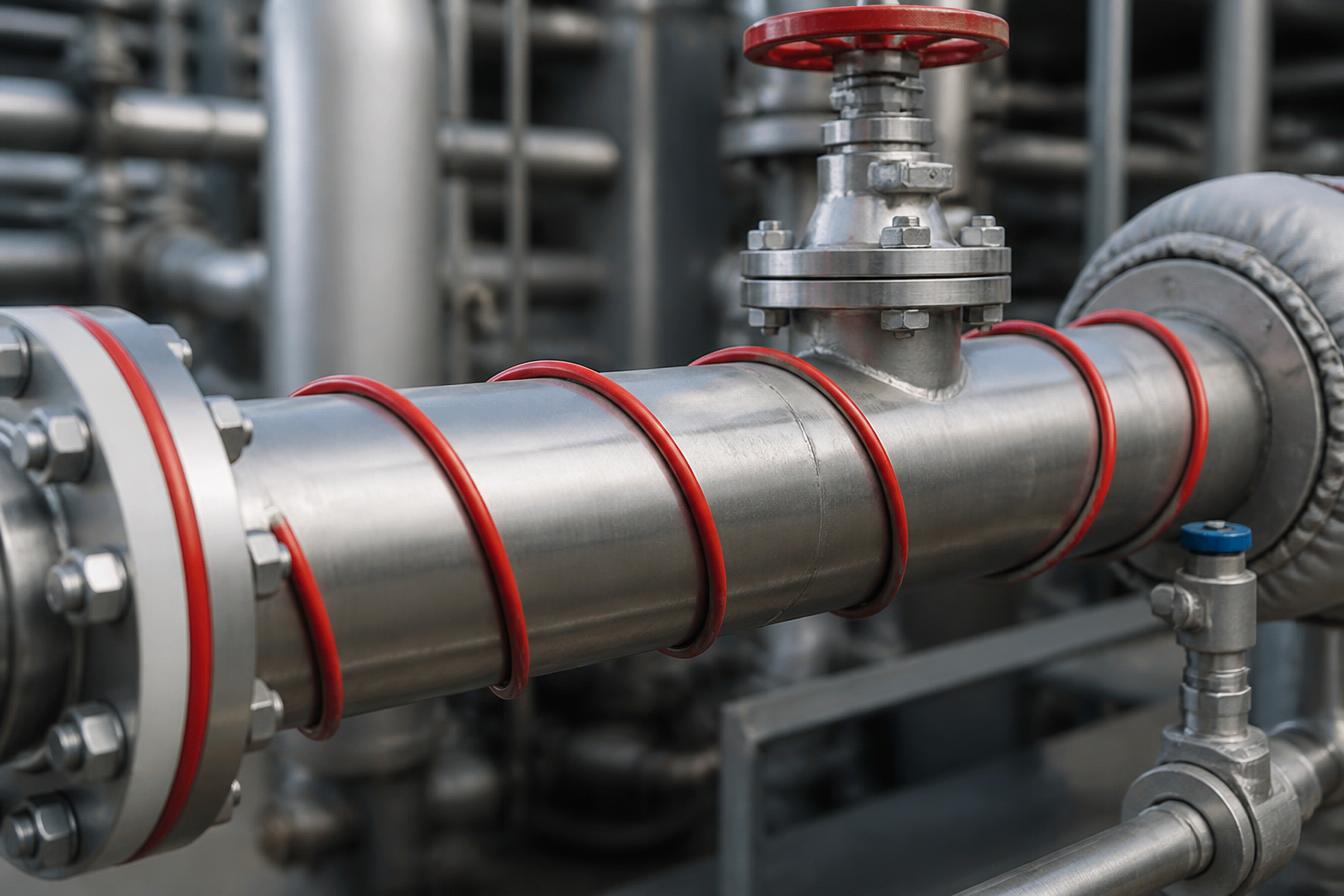 Red self-regulating heat trace cable spirally wrapped around an industrial process pipe