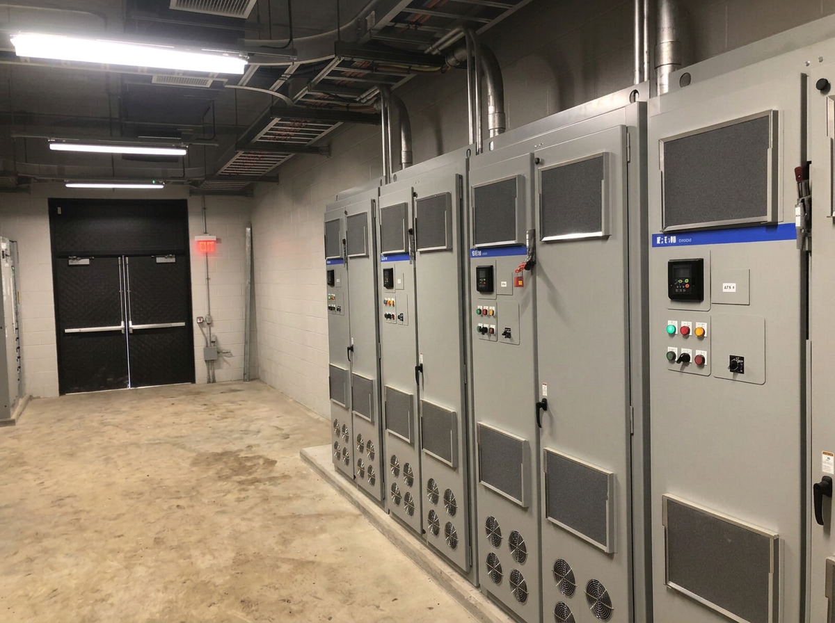 Variable frequency drive and pump control cabinet lineup in a water treatment plant electrical room