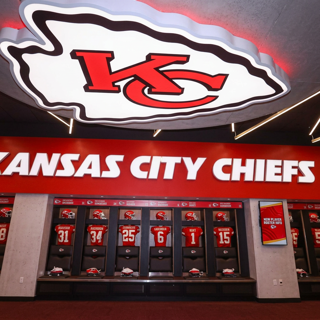 Kansas City Chiefs locker room with illuminated team logo and lighted lockers