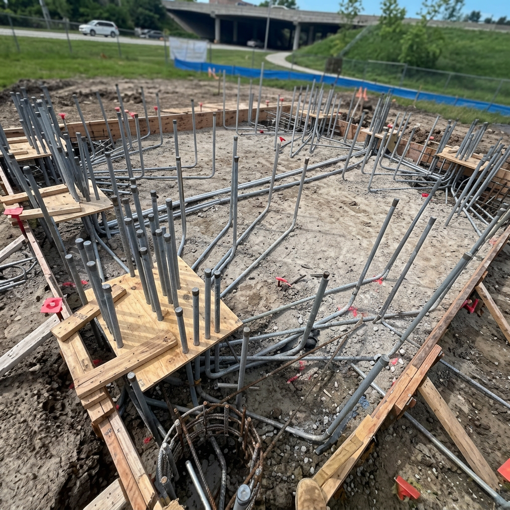 Rebar cage and conduit stub-ups in a formed equipment foundation
