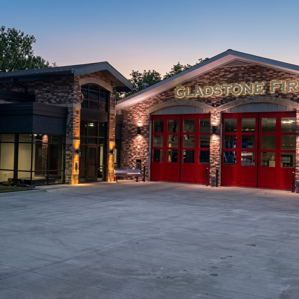 Fire station exterior at dusk with facade and canopy lighting