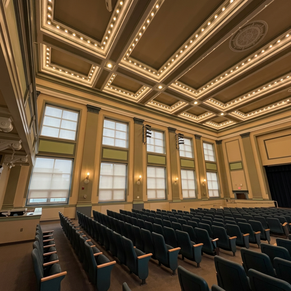 Restored historic auditorium with ornate coffered ceiling lighting