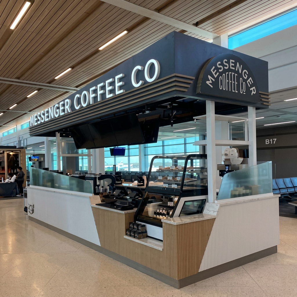 Coffee kiosk at Kansas City International Airport with accent lighting