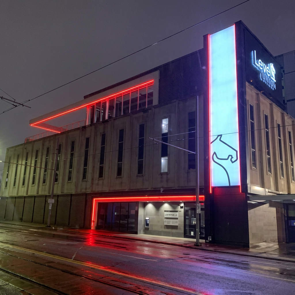 Building facade at night outlined in red LED accent lighting with an LED display tower