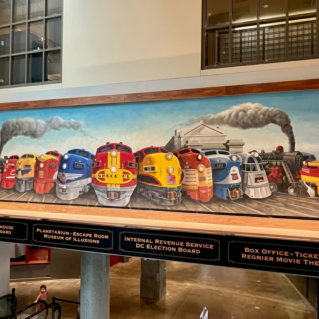 Large locomotive mural lit by architectural lighting in a public building